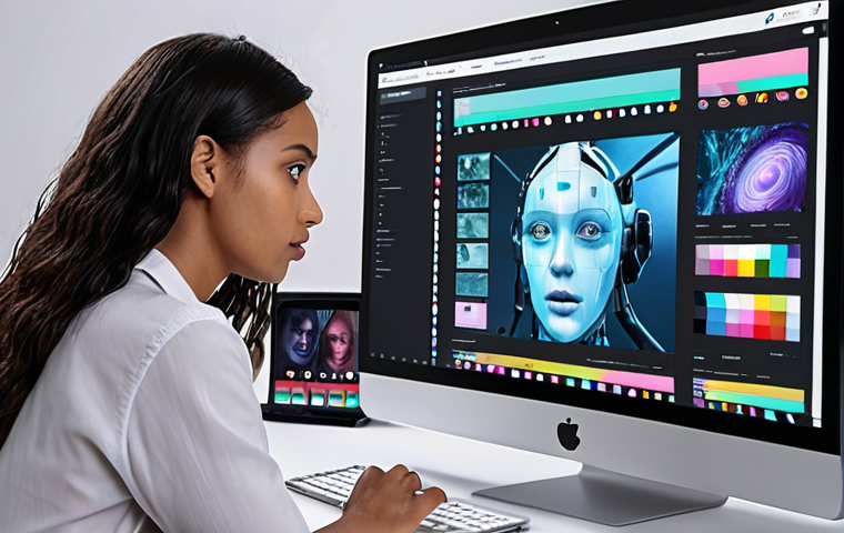 **A web designer collaborating with an AI assistant. The designer is working on a website layout on a large screen, while a holographic AI interface provides suggestions for color palettes and font choices, blending human creativity with artificial intelligence.**